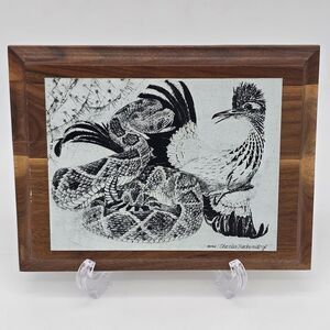 1966 Charles Beckendorf Metal Etching on Wood Base Rattlesnake & Roadrunner